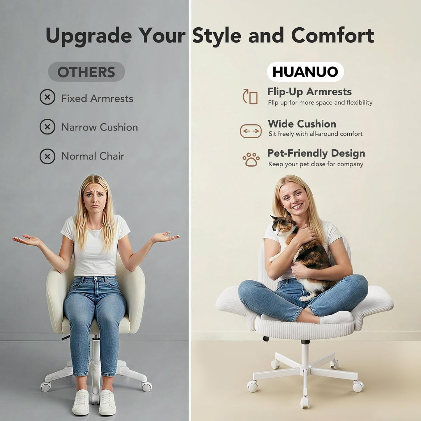 Criss Cross Office Chair for Women, Cross Legged Desk Chair with Adjustable Armrests, Soft Corduroy Fabric for Small Spaces, Petite Home Office Computer Chair for Girls, White