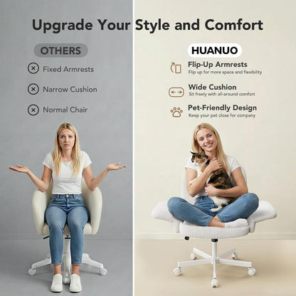 Criss Cross Office Chair for Women, Cross Legged Desk Chair with Adjustable Armrests, Soft Corduroy Fabric for Small Spaces, Petite Home Office Computer Chair for Girls, White