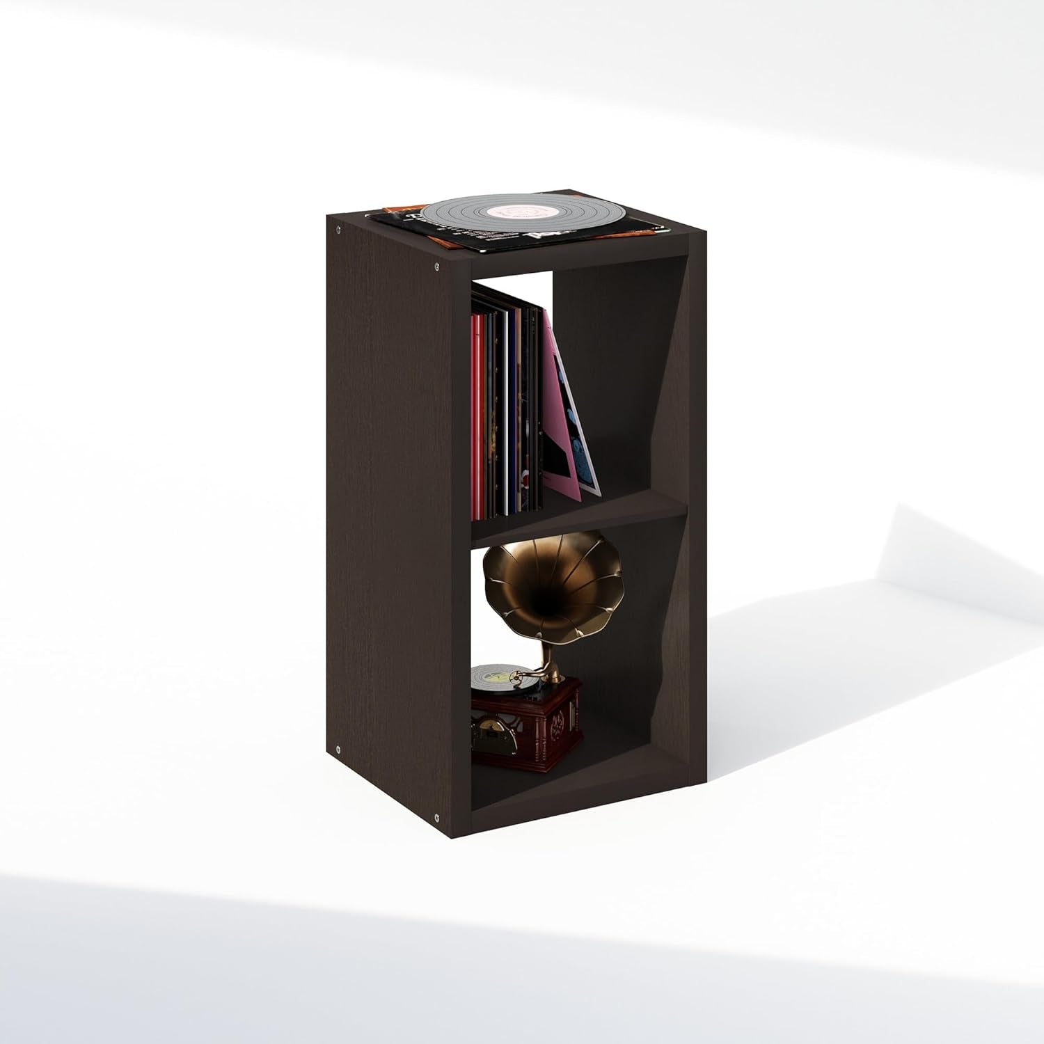 Cubicle Record Player Stand with Vinyl Storage, 2-Cube 1.2 Extra Thick Vinyl Record Storage, Open Back Media Shelf for CD DVD Blueray Game Disc, for Living Room, Home Office, Black Dark Oak