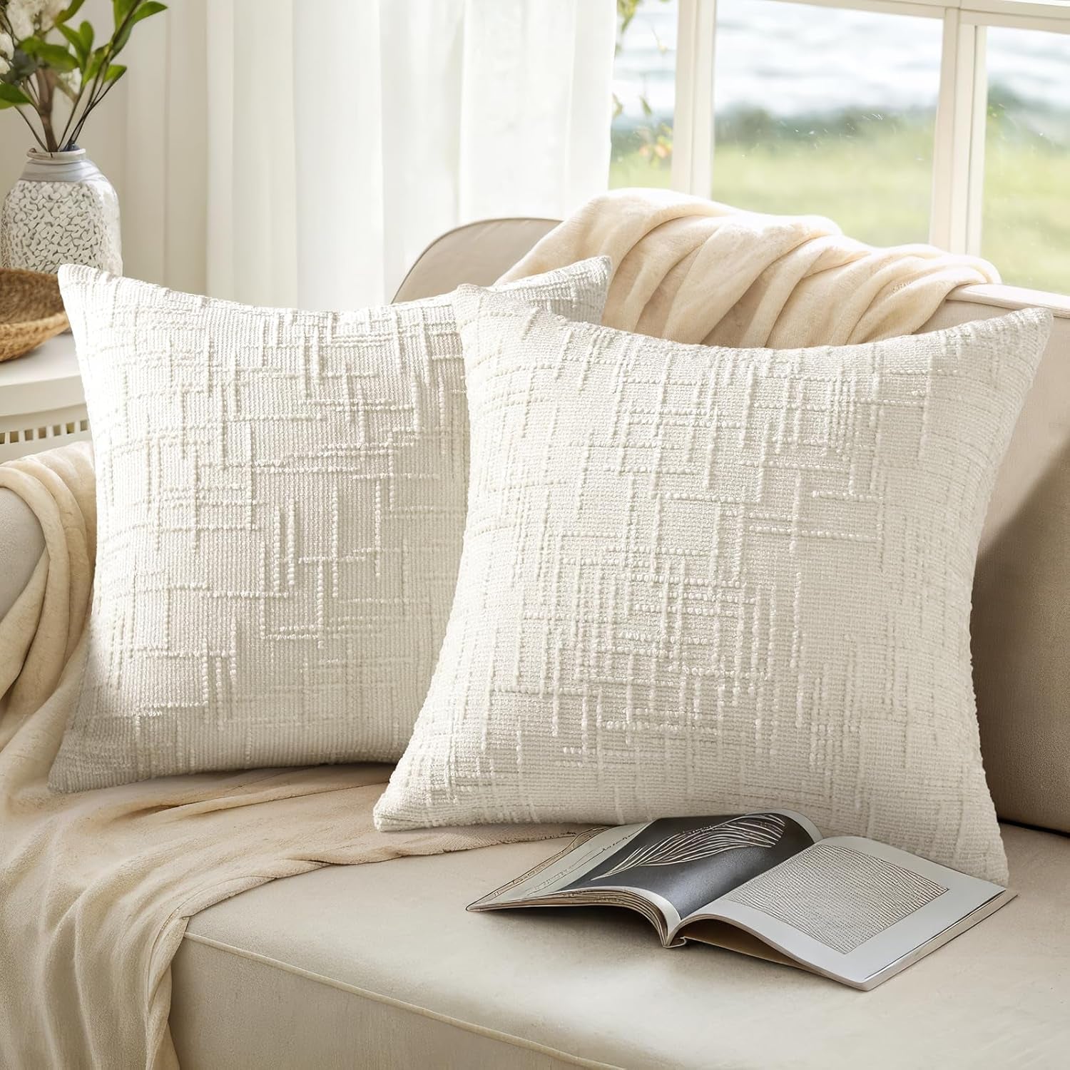 Christmas Cream White Chenille Throw Pillow Covers 18X18 Set of 2 Thick Textured Slubby Couch Pillow Covers Farmhouse Accent Modern Neutral Decorative Pillow Cases for Bed Sofa Living Room