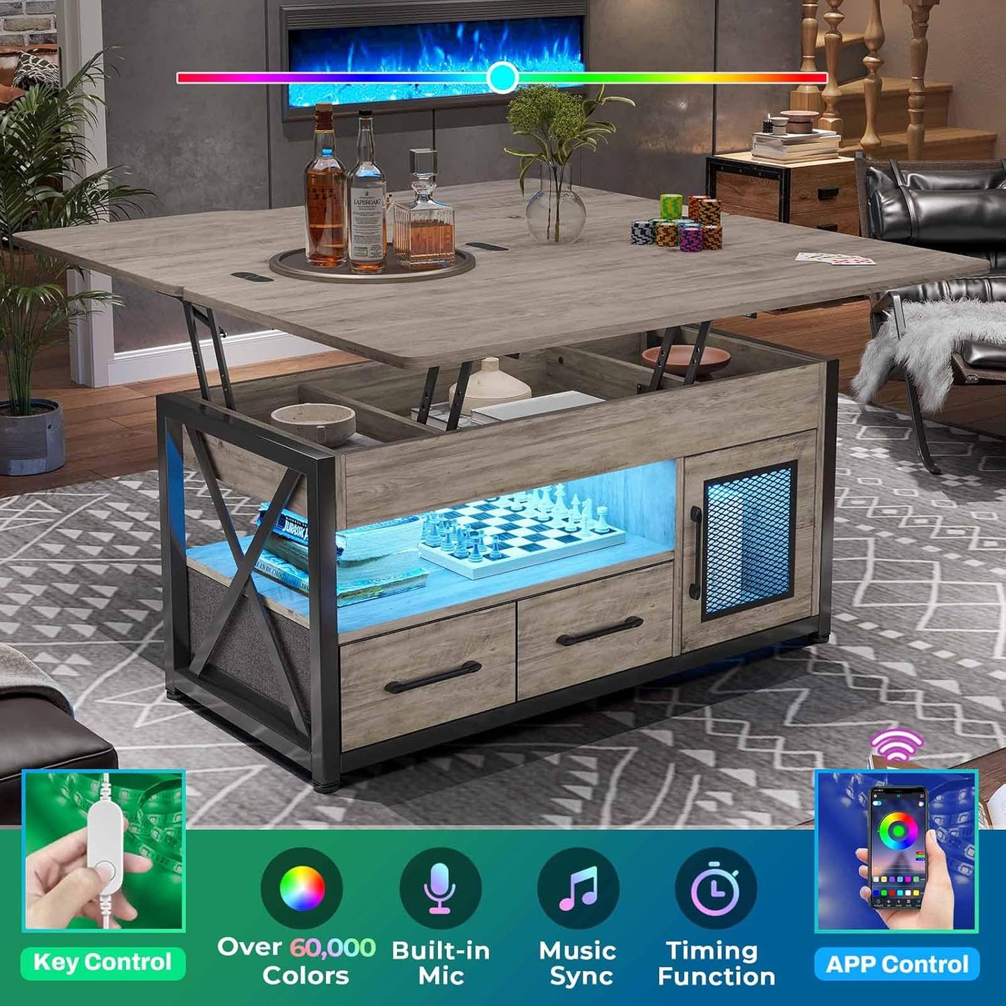 40" Lift Top Coffee Table, 4 in 1 Coffee Tables with Storage Cabinet for Living Room, Small Farmhouse Coffee Table with 2 Fabric Drawers & LED Light for Dining Room, Grey