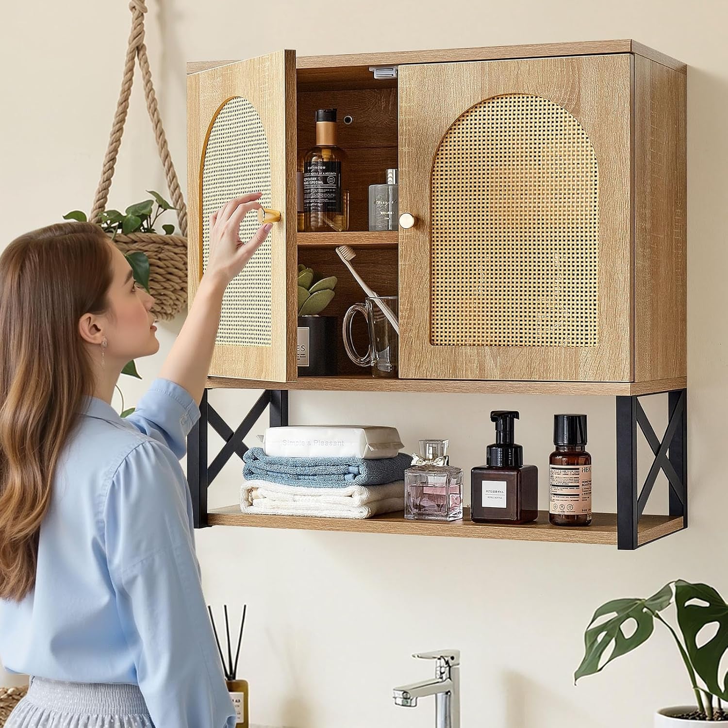 Bathroom Wall Cabinet, with 2 Doors and Adjustable Shelf, over the Toilet Storage Medicine Cabinet Wall Mounted, Hanging Organizer with Shelves & Open Partition for Laundry Room Kitchen Restroom