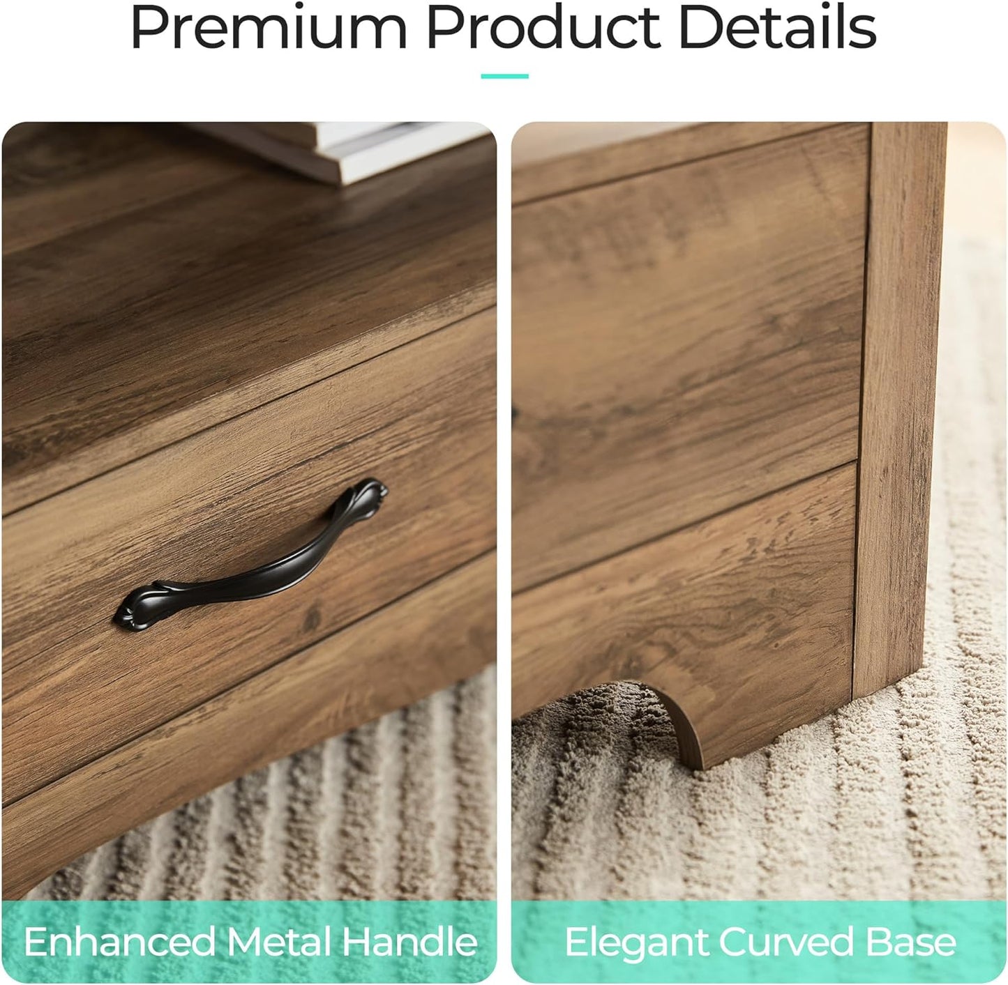 Farmhouse Coffee Table with Storage, Wood Coffee Table for Living Room, Open Display Area and Storage Drawers with Metal Handles, Chic Style with Curved Base, Brown