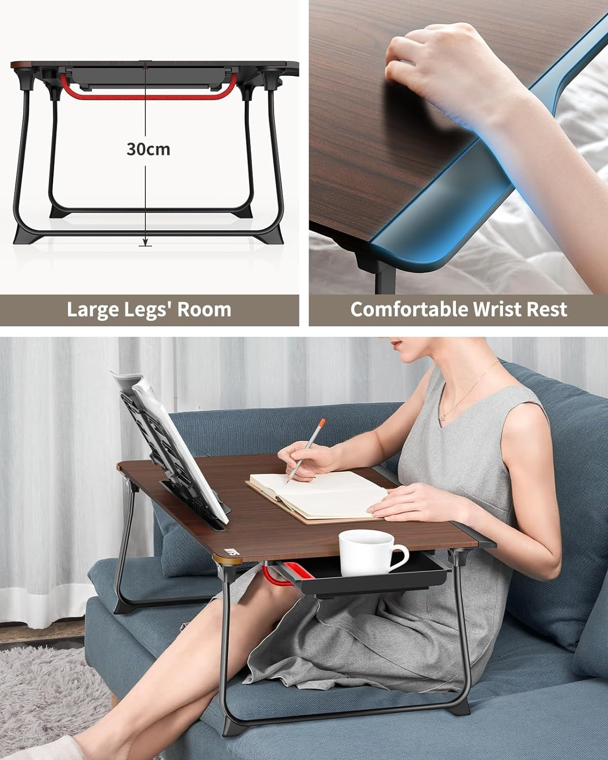 Laptop Desk for Bed,  Xx-Large Foldable Bed Tray Table for Eating Breakfast, Writing, Working, Gaming, Drawing with Storage Drawer, Handrest Bookstand, Tablet Stand, Phone Stand(Black Cherry)