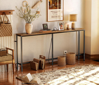 70 Inch Console Table with Outlet, Sofa Table with Charging Station, Narrow Entryway Table, Skinny Hallway Table, for Living Room, Rustic Brown