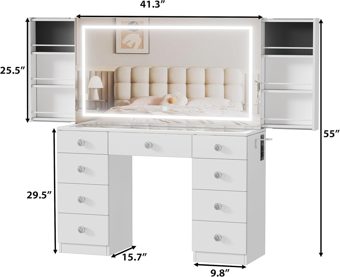 Makeup Vanity Desk with Large Mirror and Lights,White Vanity Table with Glass Top,9 Drawers,3 Color Modes,Sliding 2 Wall Mounted Jewelry Storage Racks,Suitable for Bedroom Ladies and Girls