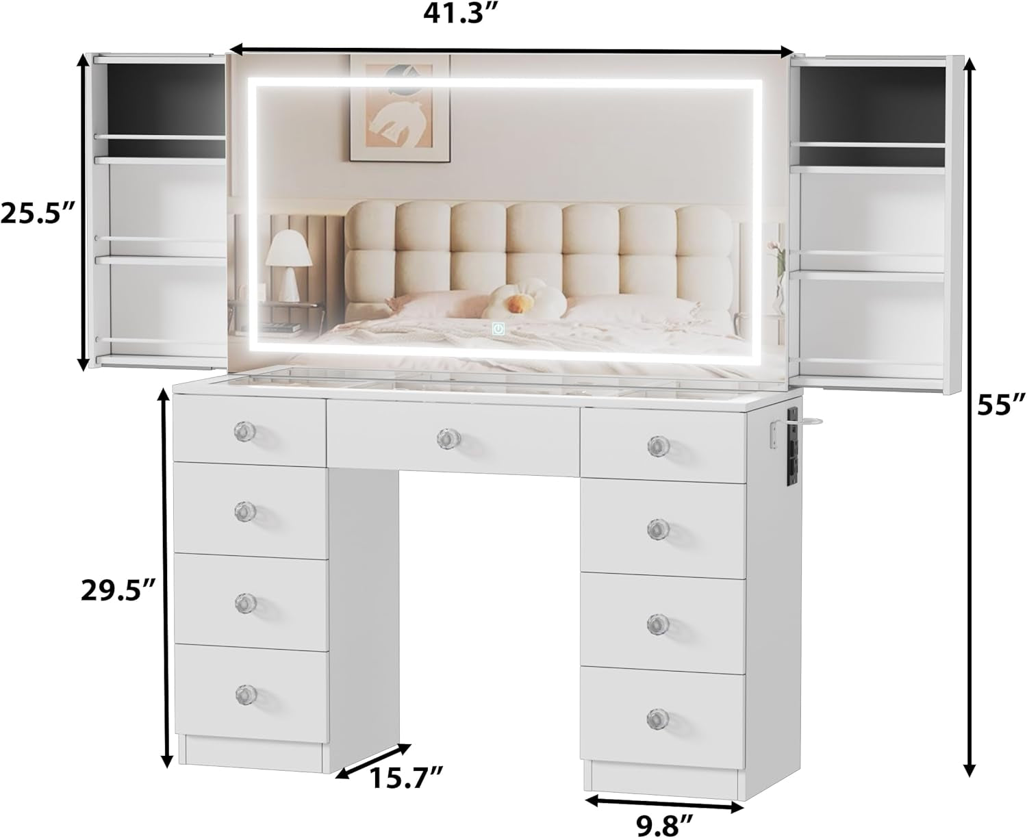Makeup Vanity Desk with Large Mirror and Lights,White Vanity Table with Glass Top,9 Drawers,3 Color Modes,Sliding 2 Wall Mounted Jewelry Storage Racks,Suitable for Bedroom Ladies and Girls