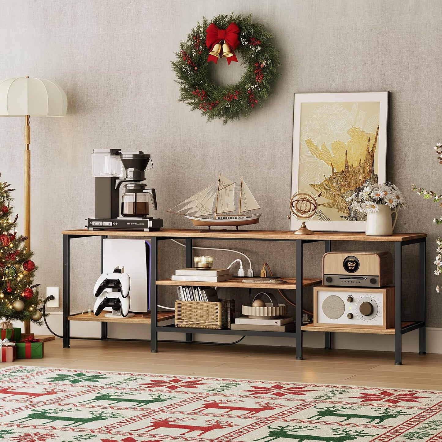 TV Stand with Power Outlets to 75 Inches, TV Console Table with Open Storage Shelves Cabinet, Industrial Media Entertainment Center for Living Room Bedroom, Rustic Brown and Black BF60DS01