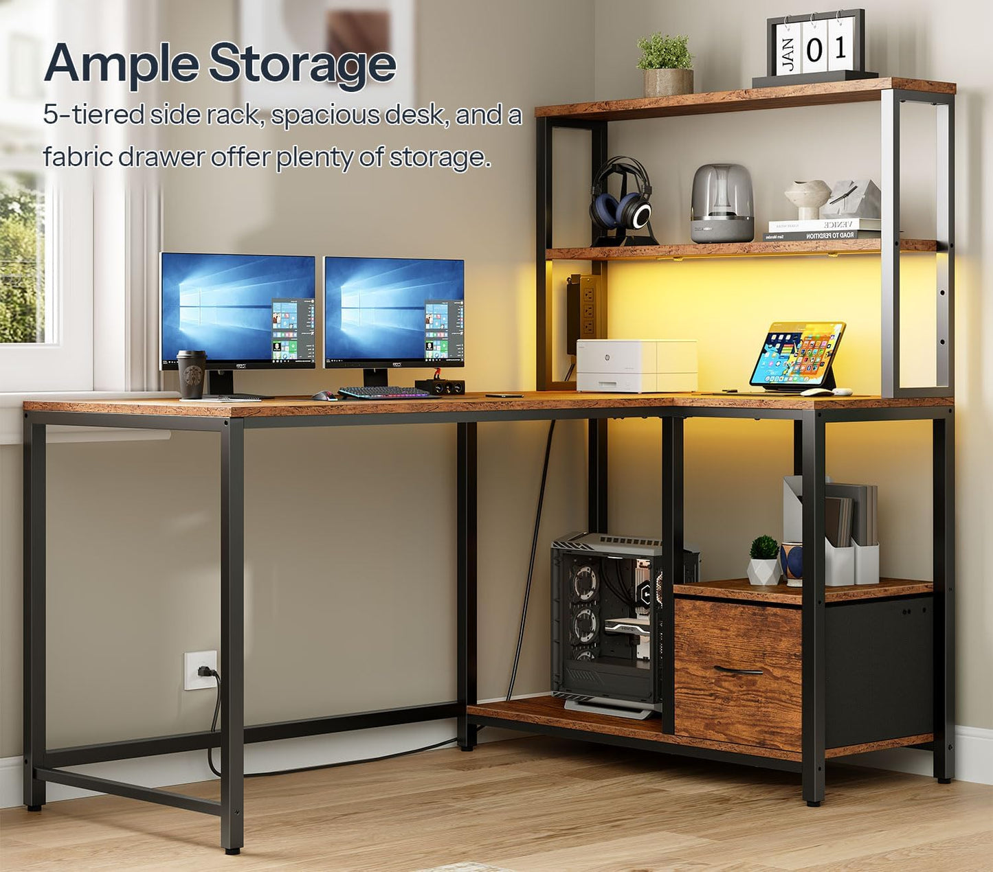 L Shaped Gaming Desk, 46 Inch Reversible Computer Desk with LED Light & Power Outlet, Office Desk with Storage Shelves & Drawer, for Home Office, Study, Rustic Brown and Black BF18UDDN01