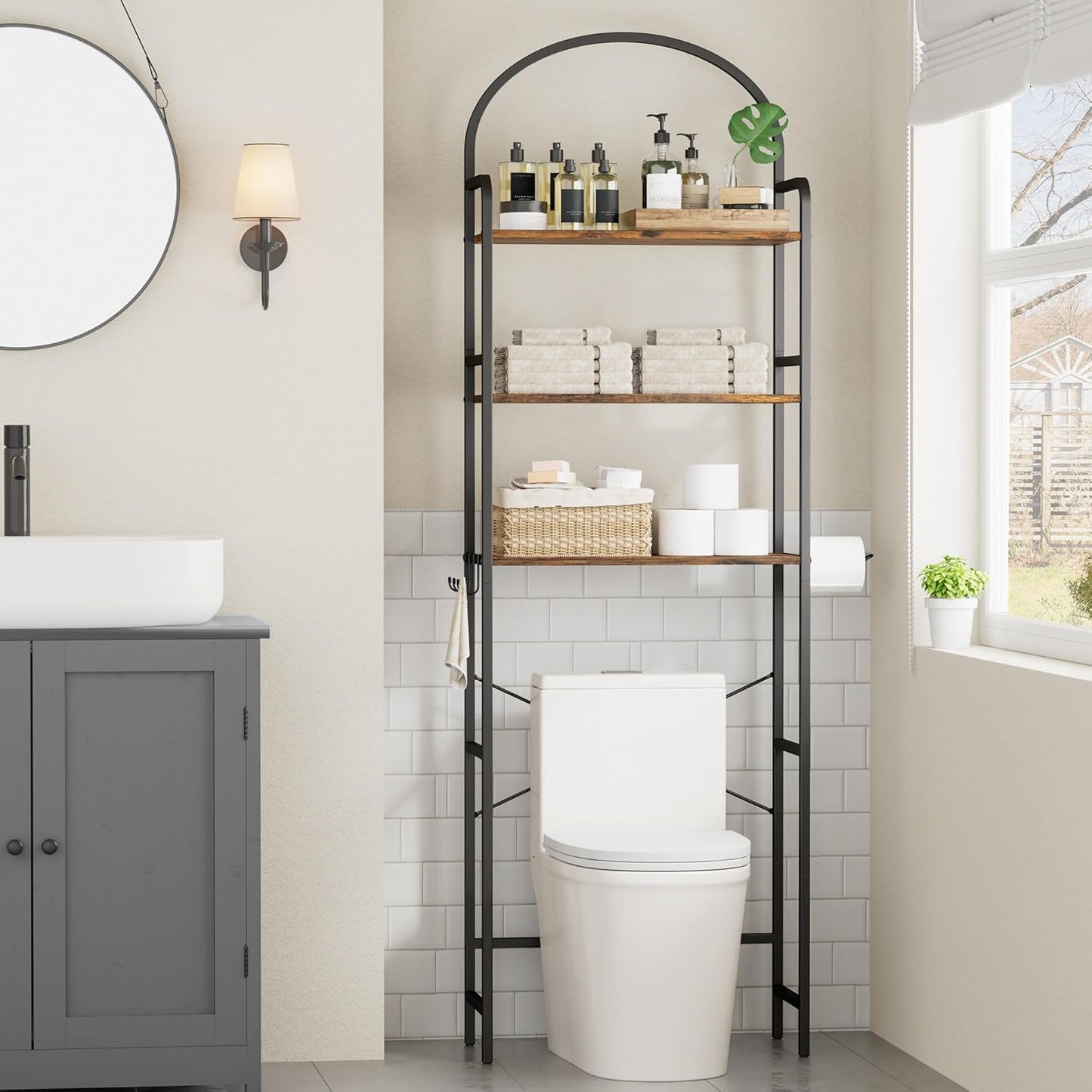 3-Tier over the Toilet Storage with 4 Hooks and Paper Holder, Space Saving, Bathroom Organizer with Adjustable Feet, Metal Frame and Wooden Shelf,Rustic Brown and Black