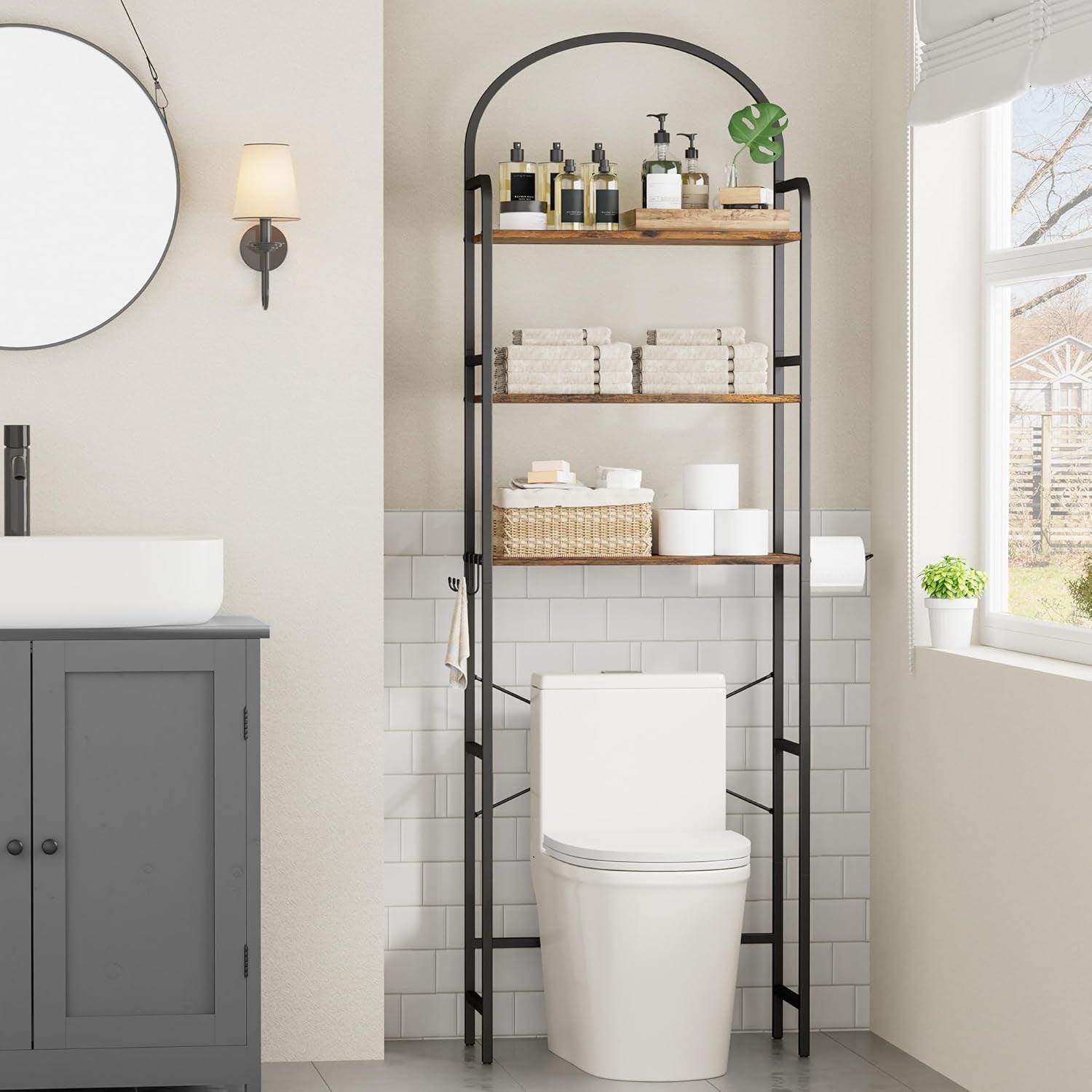 3-Tier over the Toilet Storage with 4 Hooks and Paper Holder, Space Saving, Bathroom Organizer with Adjustable Feet, Metal Frame and Wooden Shelf,Rustic Brown and Black