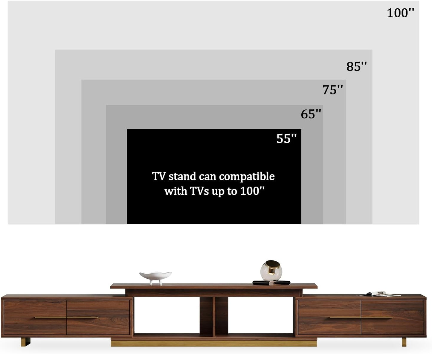 Extendable TV Stand, Modern TV Console for up to 100 Inch TV, Adjustable Length Entertainment Center, Mid-Century Media Console Cabinet for Living Room, Walnut (Extendable: 63.4”W-94.5”W)