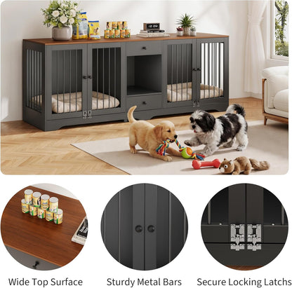 Large Dog Crate Furniture with Secure Locking Latches, 82" Wooden Dog Kennel Furniture with Double Doors, Drawers & 4 Bowls, Heavy-Duty Metal Bars Decorative Pet House for Living Room, Black
