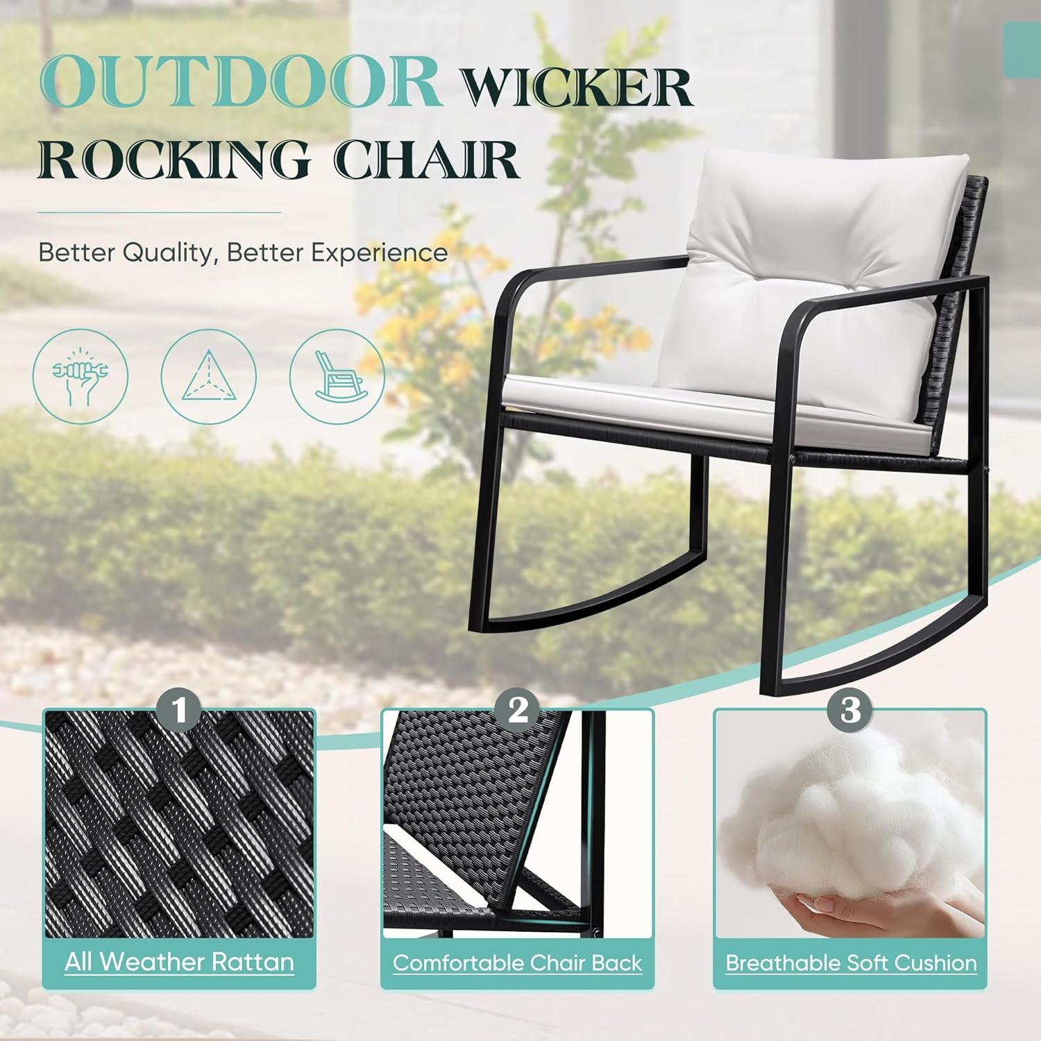 3 Pieces Rocking Wicker Bistro Set, Patio Outdoor Furniture Conversation Sets with Porch Chairs and Glass Coffee Table, Beige