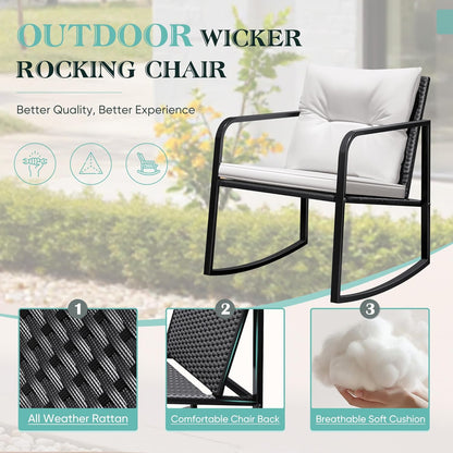 3 Pieces Rocking Wicker Bistro Set, Patio Outdoor Furniture Conversation Sets with Porch Chairs and Glass Coffee Table, Beige