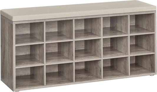 CUSTOS Collection - Shoe Bench, Storage Bench with Padded Seat, Entryway Bench with 15 Compartments, for Bedroom, 11.8 X 41.3 X 18.9 Inches, Heather Greige and Cappuccino Beige ULHS015K01