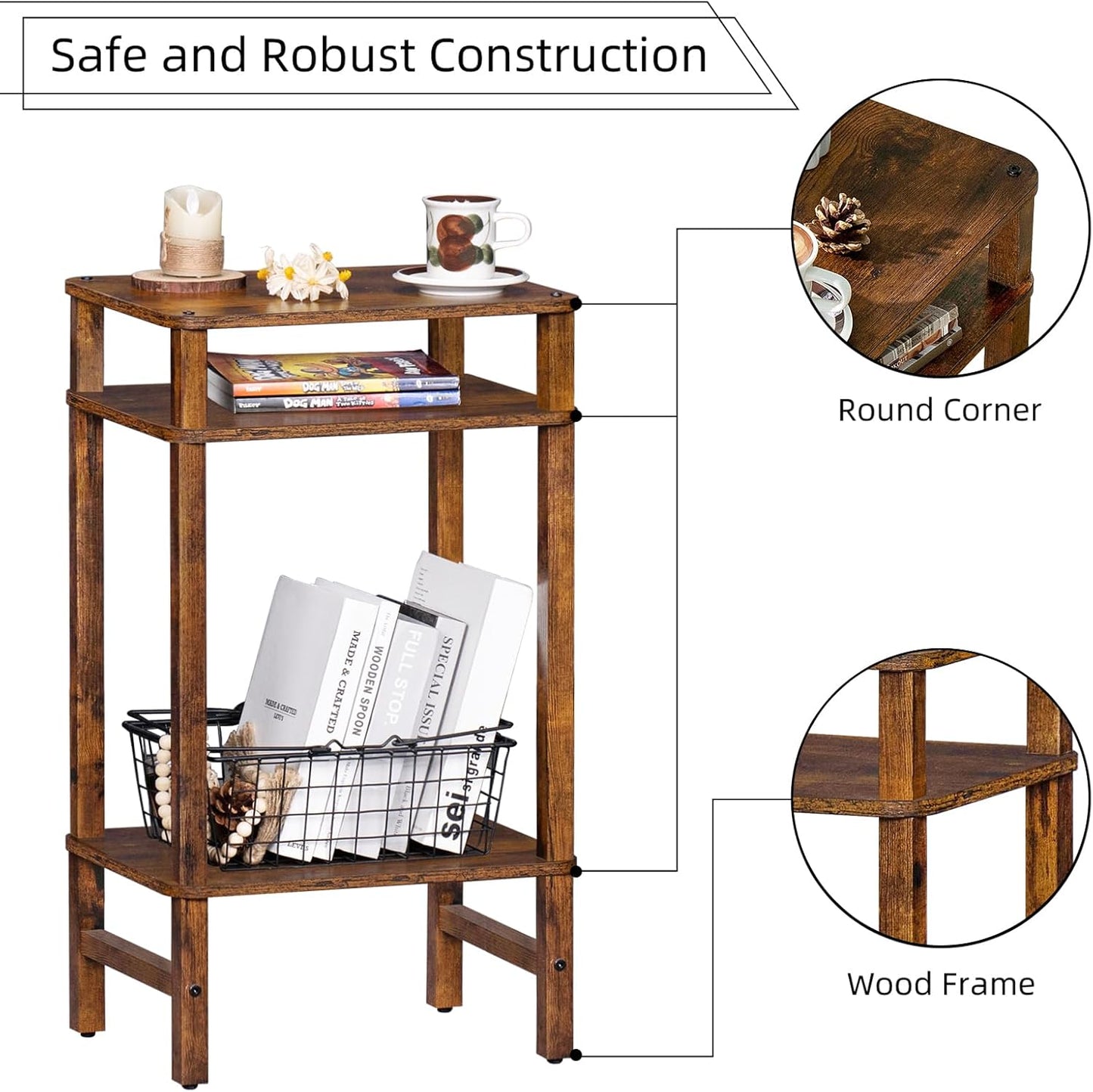 Side Table End Table Tall Night Stand 3-Tier for Living Room Bedroom Bathroom Office Furniture Brown