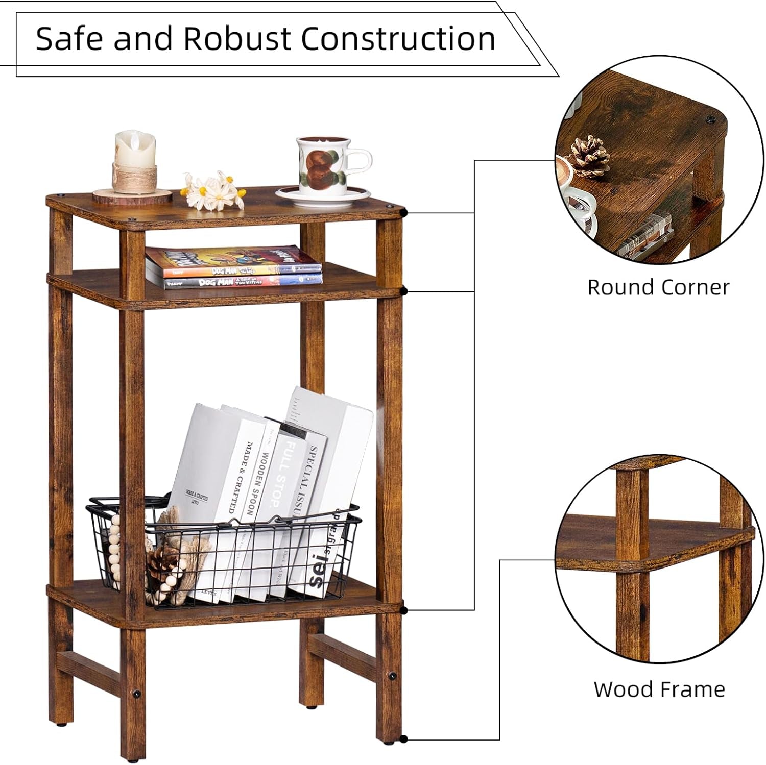 Side Table End Table Tall Night Stand 3-Tier for Living Room Bedroom Bathroom Office Furniture Brown