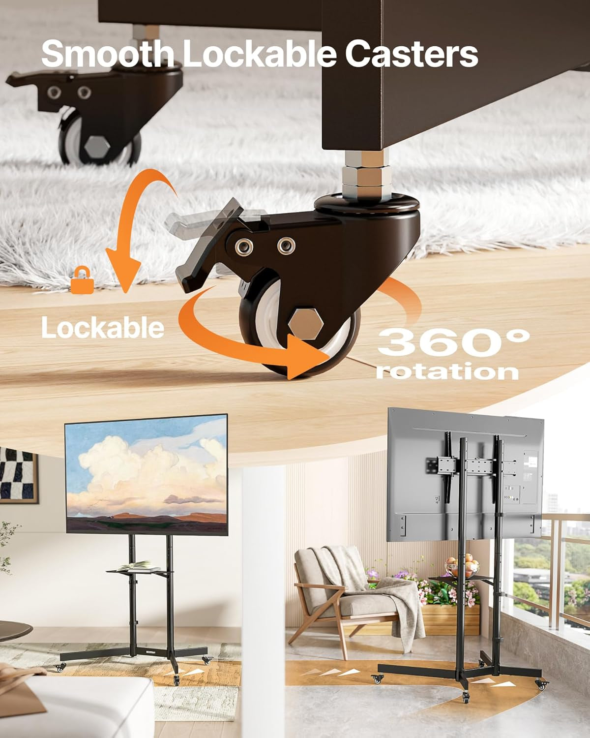 Heavy-Duty Rolling TV Stand for 32–85" Screens — Supports 187 Lbs (154 Lbs TV + 33 Lbs Shelf), Stable Mobile TV Cart with Shelf & Locking Wheels, Floor TV Stand, Max VESA 600X400, Black