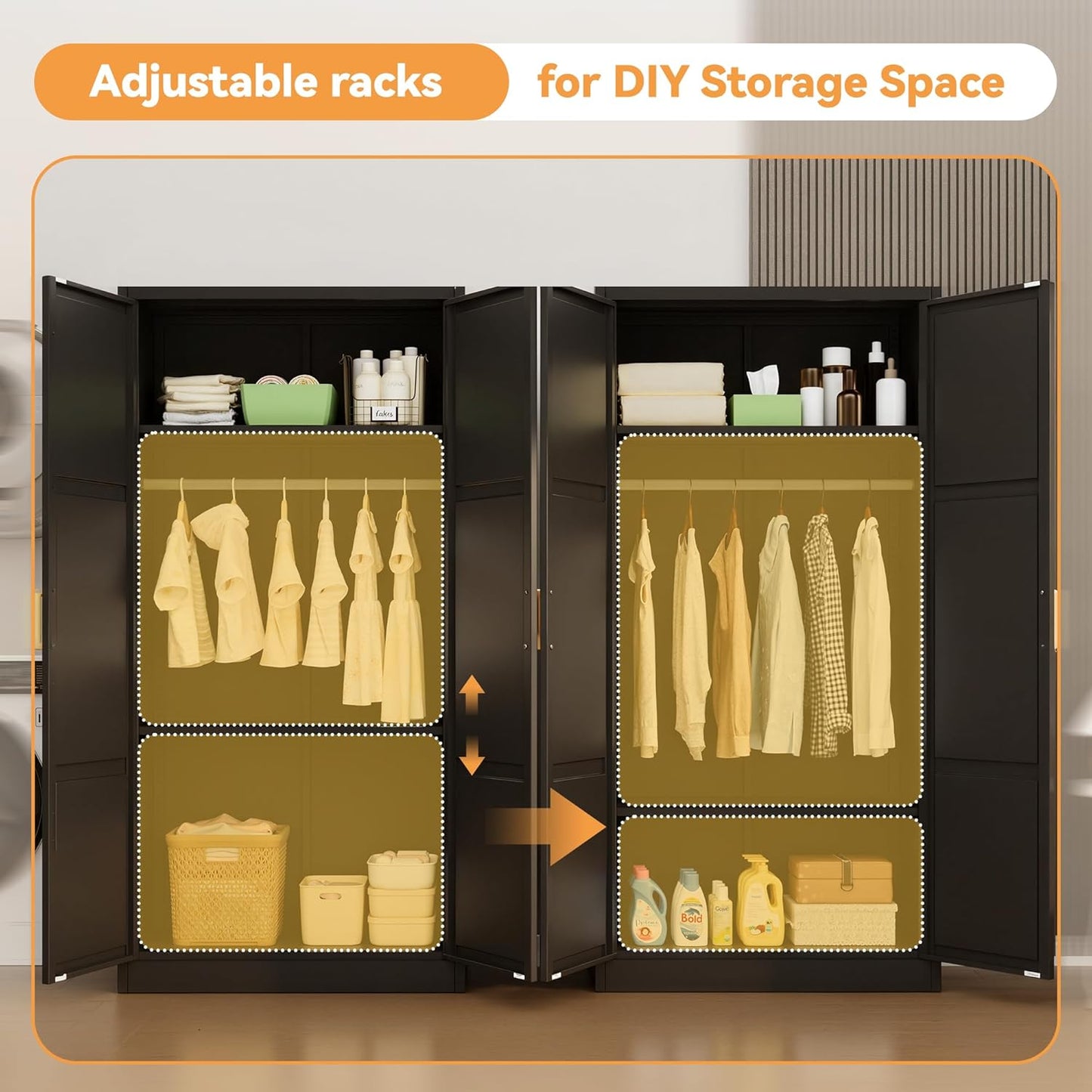 Metal Wardrobe Cabinet with Hanging Rod, 72" H Metal Clothing Storage Cabinets with Adjustable Shelves and 2 Doors, Black Armoire Wardrobe Closet for Bedroom, Laundry Room, Cloak Room