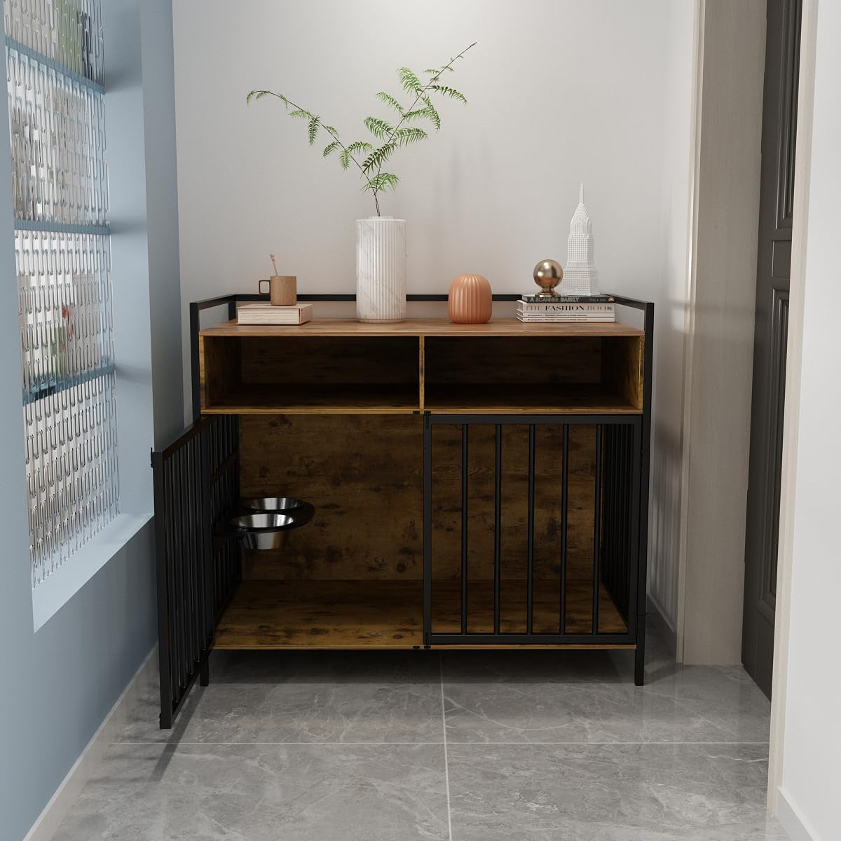 Large Dog Crate Furniture - 48" Vintage Brown Wooden Kennel for Big Dogs, Heavy Duty Chew-Proof Cage with 360° & Adjustable Raised Feeder, Dual Use as End Table or TV Stand