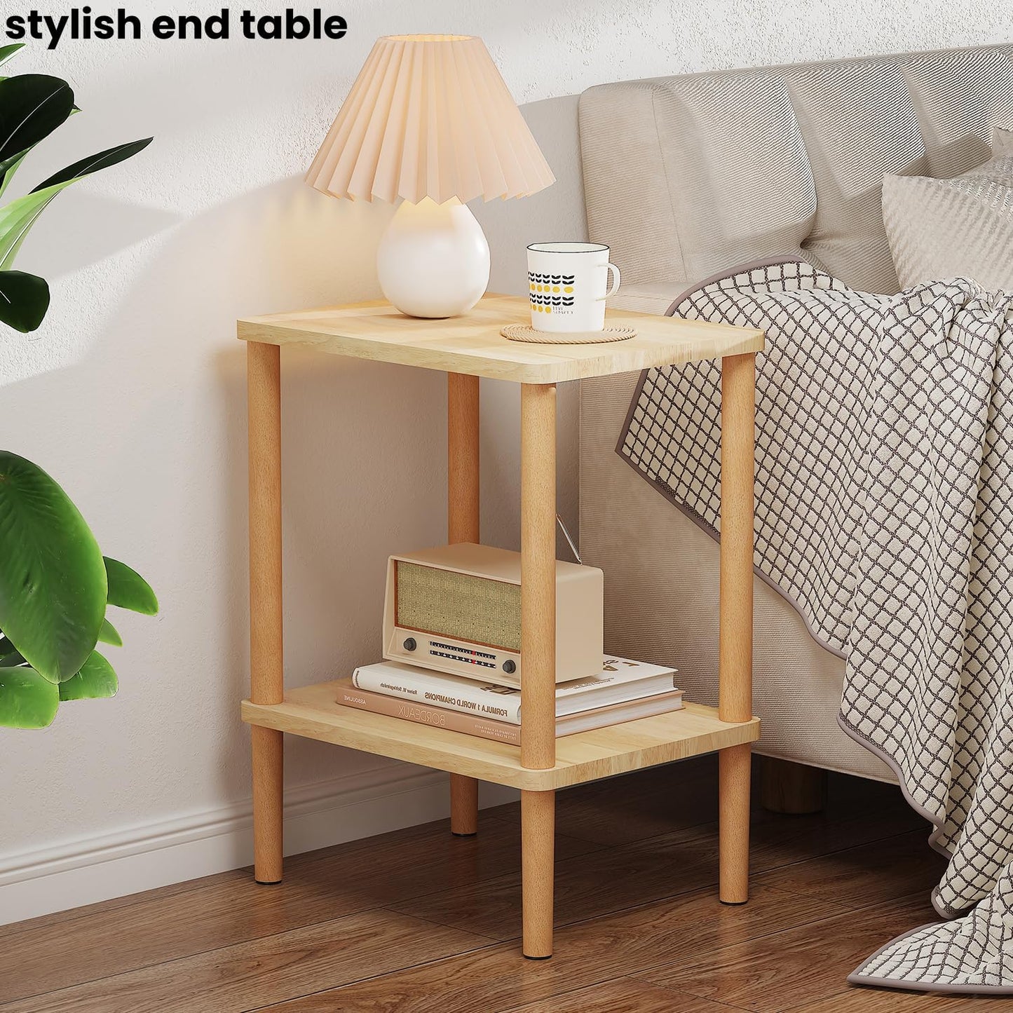 Solid Wood Side Table, 2-Tier Small End Table with Storage Shelf, Narrow Nightstand Bedside Table for Small Spaces, Bedroom, Living Room, Farmhouse, No-Tool Assembly.