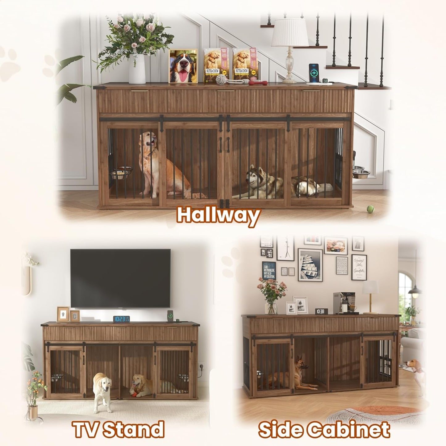 71'' Furniture Style Double Dog Crate with 3 Fluted Drawers and Waterproof Woodgrain Tabletop,Large Dog Kennel Furniture with Type-C Power Outlet & Rotating Feeders for Heavy Duty Dogs