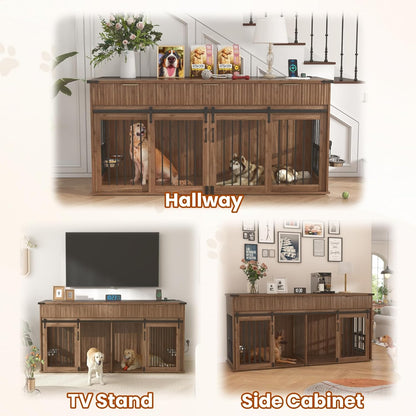 71'' Furniture Style Double Dog Crate with 3 Fluted Drawers and Waterproof Woodgrain Tabletop,Large Dog Kennel Furniture with Type-C Power Outlet & Rotating Feeders for Heavy Duty Dogs