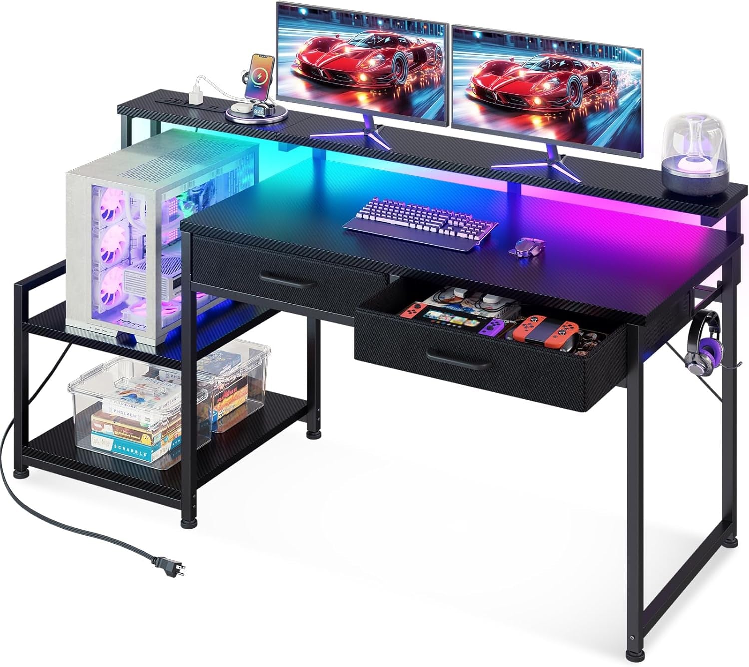 Gaming Desk with Led Lights & Power Outlet, 55 Inch Computer Desk with Drawers, Office Desk with Large Display Storage Shelves, Reversible Desk with Monitor Stand for Home, Carbon Fiber Black