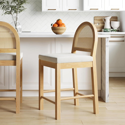 Bailey Upholstered Rattan Bar Stool in Oak Finish Frame, Counter Height Stool with Natural Rattan Woven Back for Kitchen Island, Brown