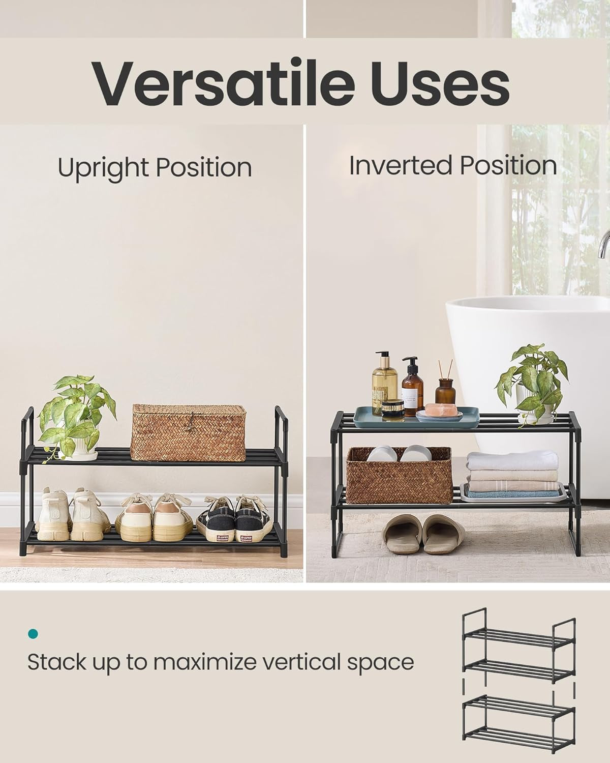 Shoe Rack, 2-Tier Shoe Organizer, Metal Storage Shelf, Upright or Upside Down, for 6-9 Pairs, Stackable, for Entryway, 11.8 X 26.8 X 13.2 Inches, Black ULSA202B01