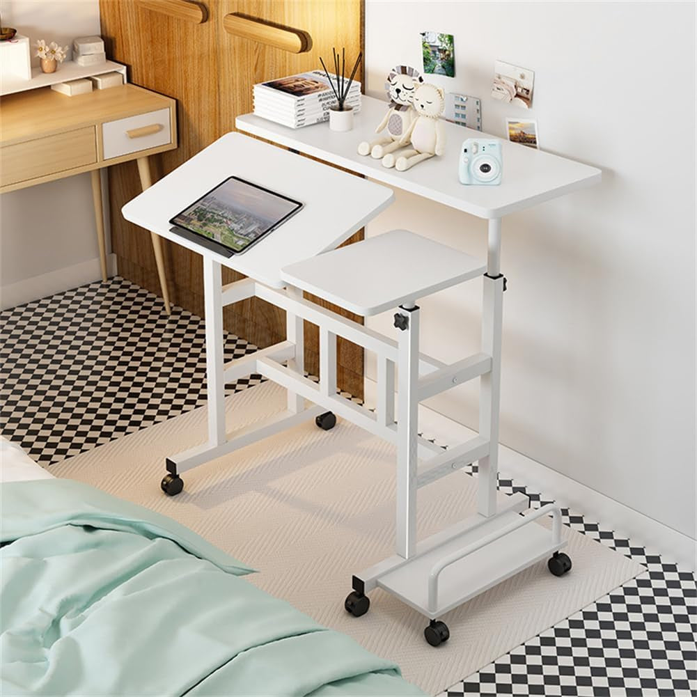 Portable Standing Desk Adjustable Height 26.4"-61", Mobile Computer Desk with Wheels, Tiltable Top & CPU Stand, Rolling Laptop Table Cart for Home Office, White