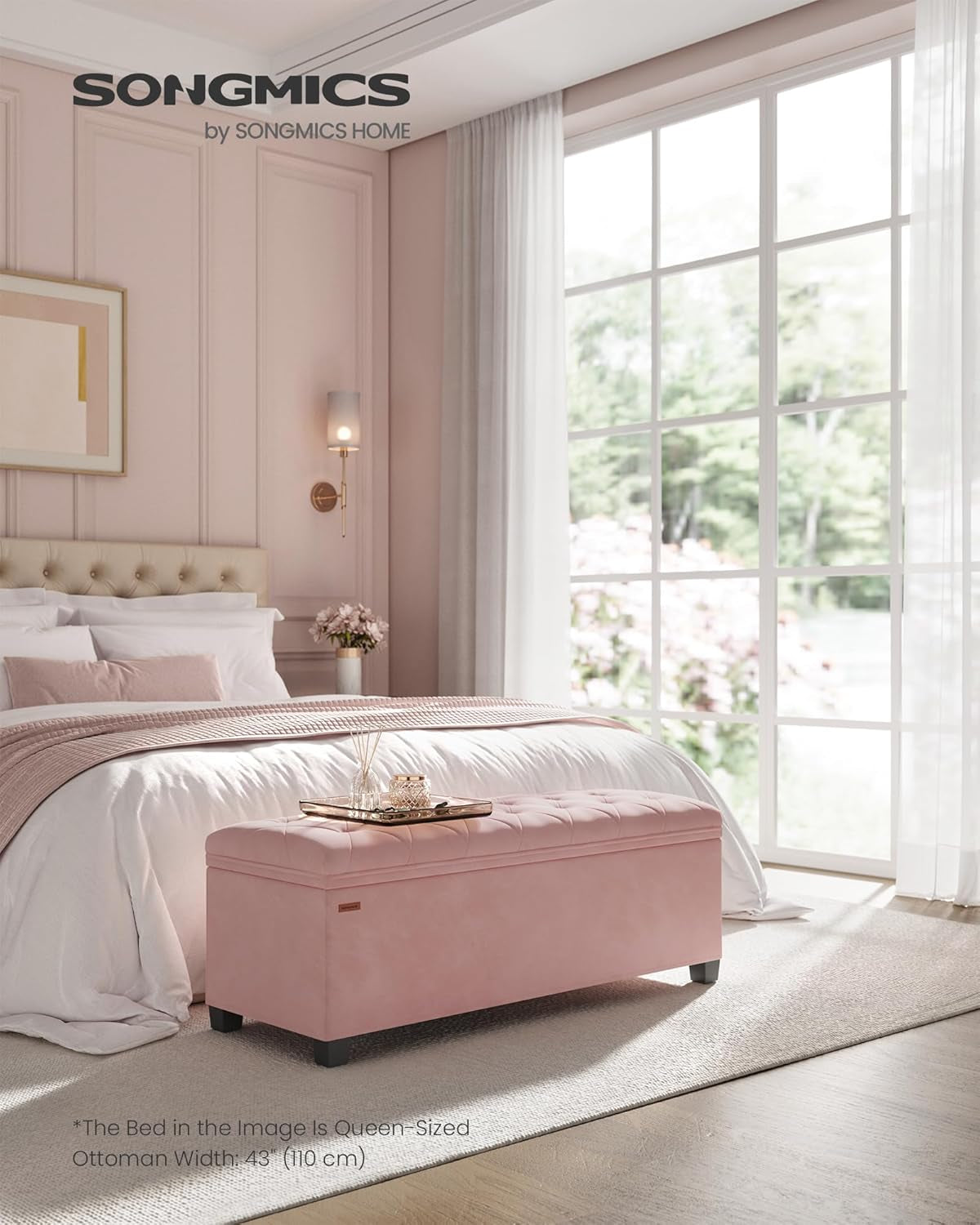 Velvet Storage Ottoman Bench, Foot Rest with Legs, 15.7 X 43 X 15.7 Inches, End of Bed Bench, Storage Chest, Load up to 660 Lb, for Living Room, Bedroom, Entryway, Jelly Pink ULSF089R01