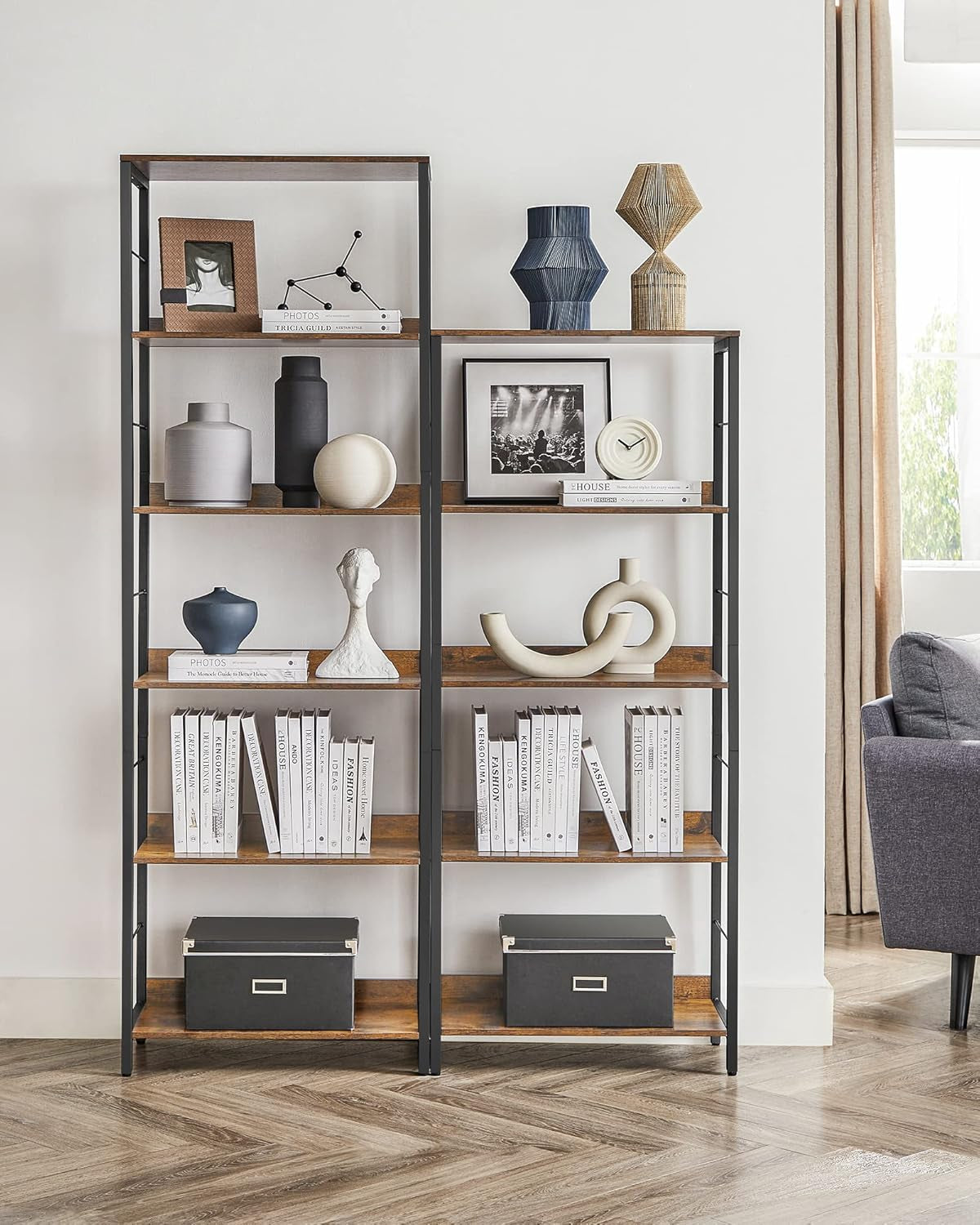 6-Tier Bookshelf, Bookcase for Office, 11.8 X 23.6 X 70.1 Inches, Shelving Unit, with Back Panels, Industrial Style, for Living Room, Study, Home Office, Rustic Brown and Black ULLS118B01