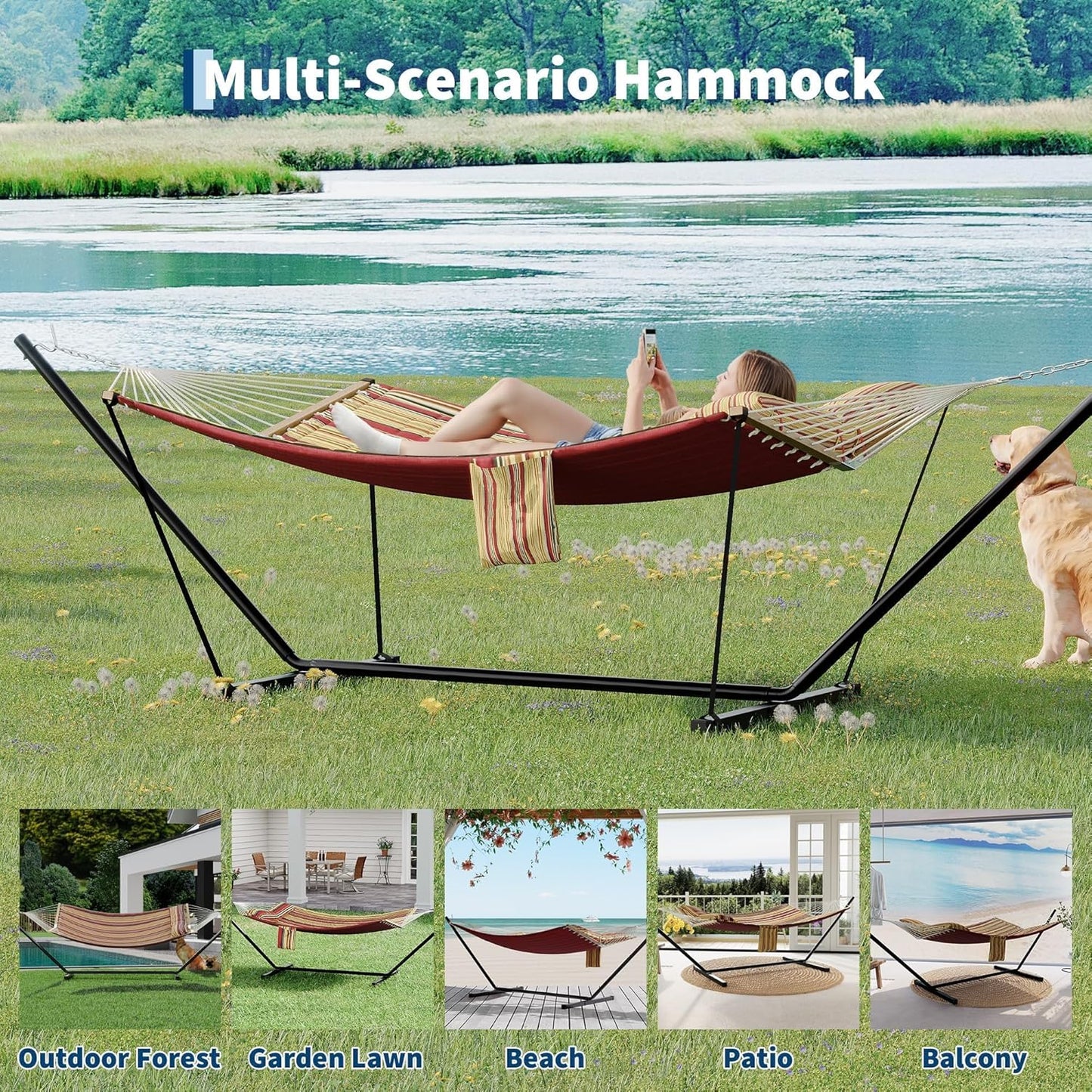 2-Person Hammock with Stand, 450Lbs Weight Capacity, Padded Polyester Fabric & Heavy-Duty Steel Frame, Portable with Carry Bag for Patio Backyard Poolside Garden Camping