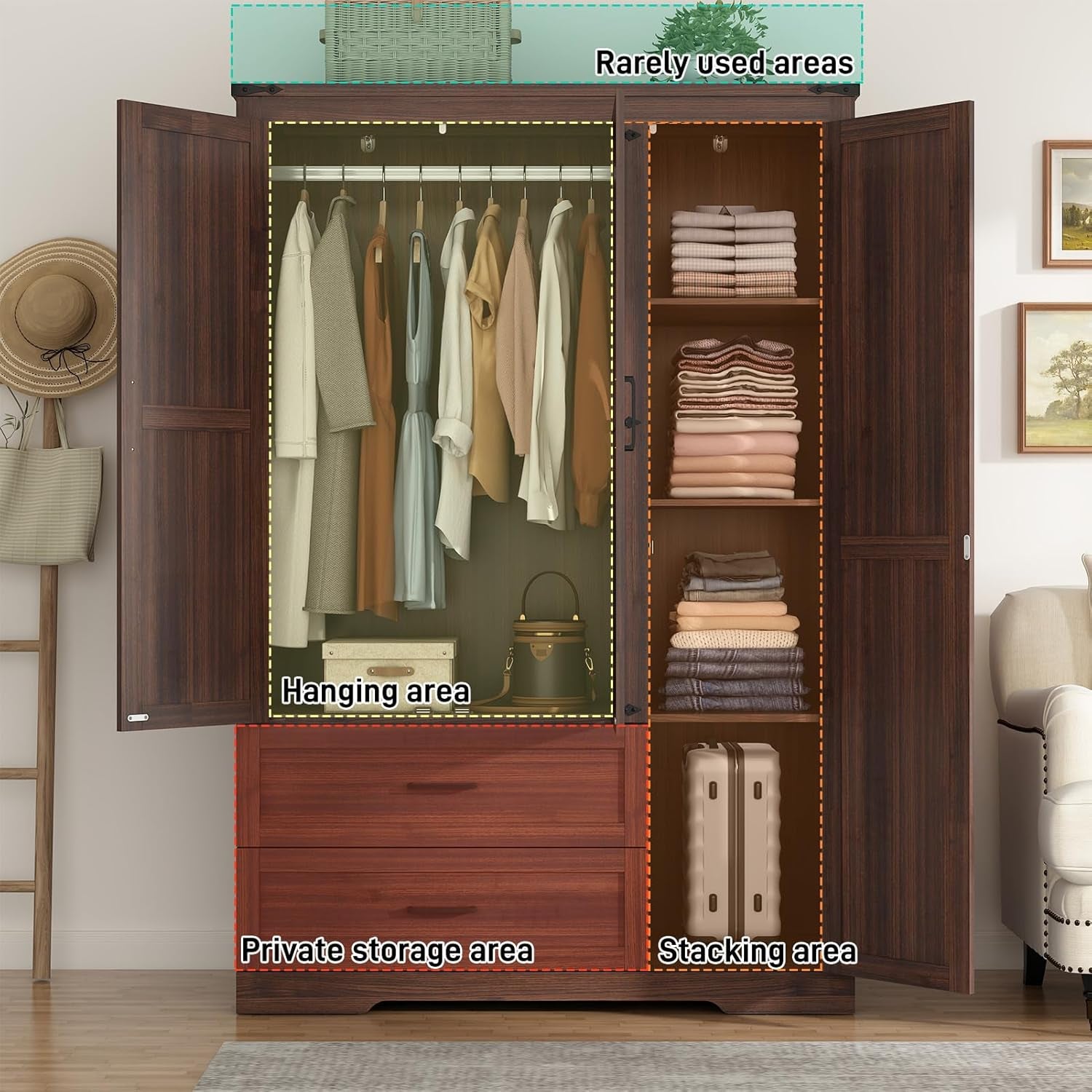 Farmhouse Wardrobe Armoire Closet with 3 Doors and 2 Drawers, 70.1" Wooden Clothing Storage Cabinet, Freestanding Large Capacity Storage Wardrobe Armoire with Hanging Rod for Bedroom, Brown