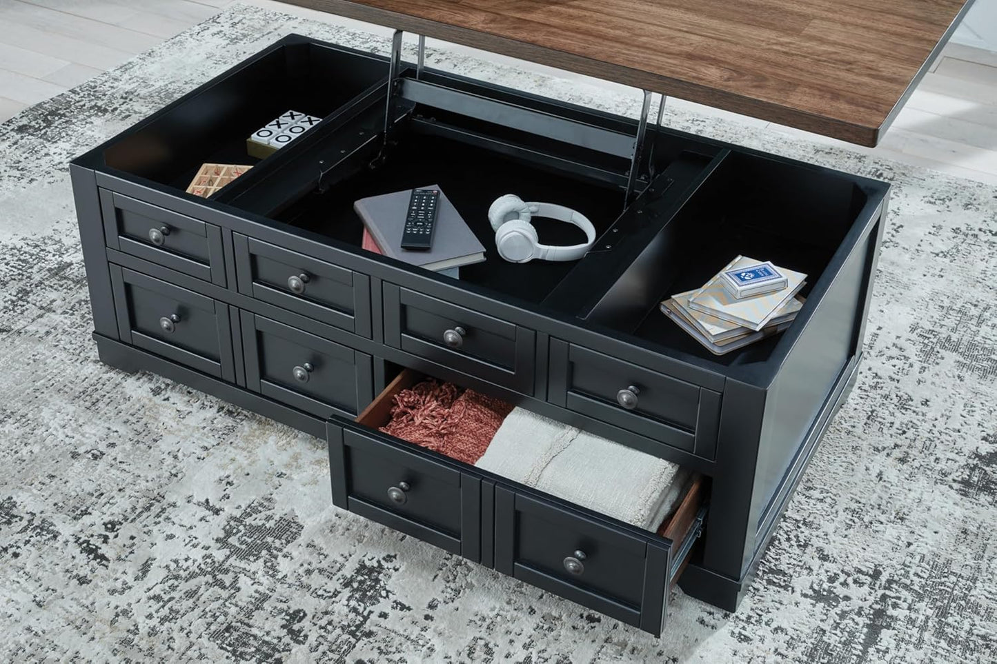 Wildenauer Lift Top Cocktail Table, Satin Finish Base, 2 Drawers, 2 Storage Bins, Hardwood Solids, 52" W X 28" D X 19" H, Light Brown & Black