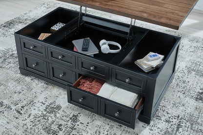 Wildenauer Lift Top Cocktail Table, Satin Finish Base, 2 Drawers, 2 Storage Bins, Hardwood Solids, 52" W X 28" D X 19" H, Light Brown & Black