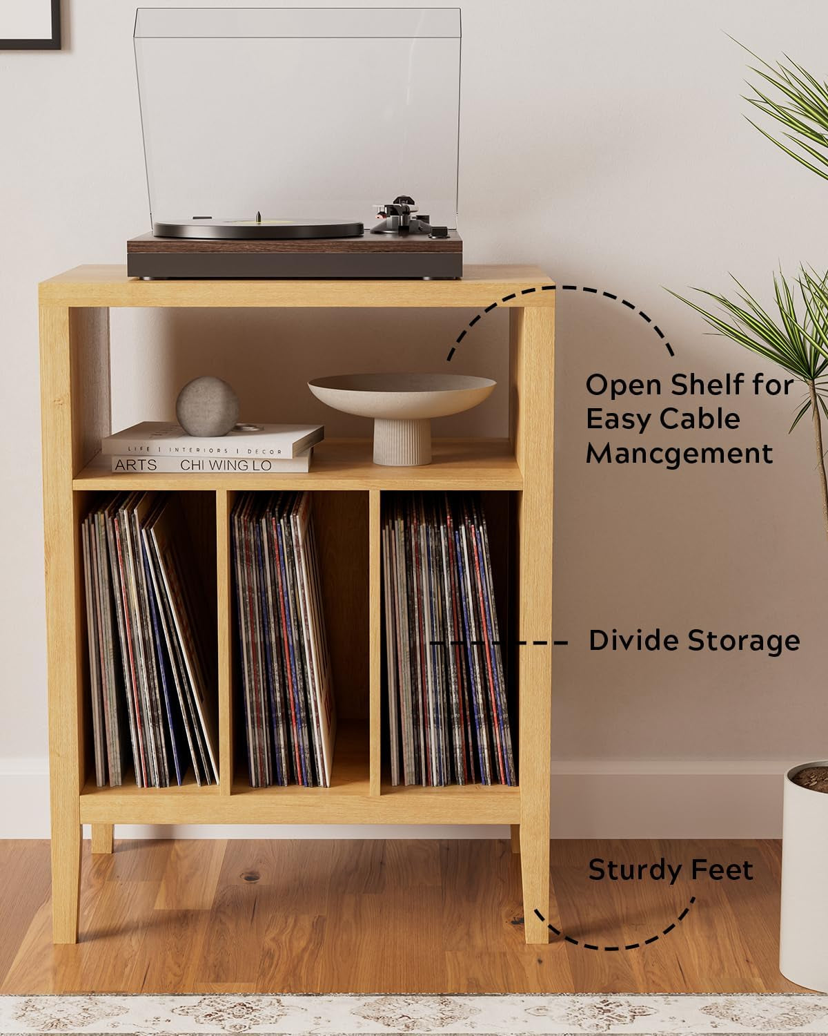 Record Player Stand with Vinyl Record Storage Holds up to 180 Albums, Large Turntable Stand Dispaly Shelf, Farmhouse Wood End Table for Bedroom, Living Room, Natural Oak
