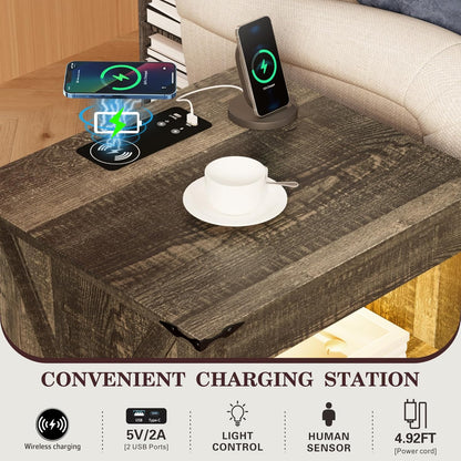 Nightstands Set of 2 with Gun Drawer, Farmhouse Bedside Table with Charging Station, Gun Night Stand with LED Light & Human Sensor, Smart End Table for Bedroom, Rustic Brown