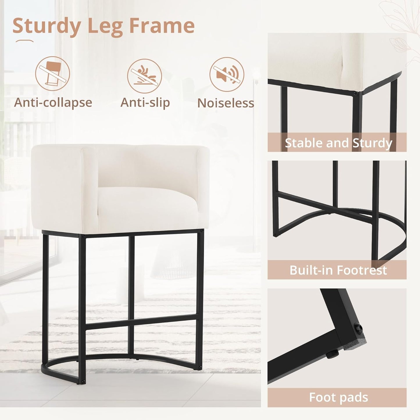 27" H Counter Height Bar Stools Set of 2, Modern Barrel Counter Stools with Backrest and Arms, Black Metal Frames, Linen Fabric Upholstered Accent Barstools for Kitchen Island, Beige
