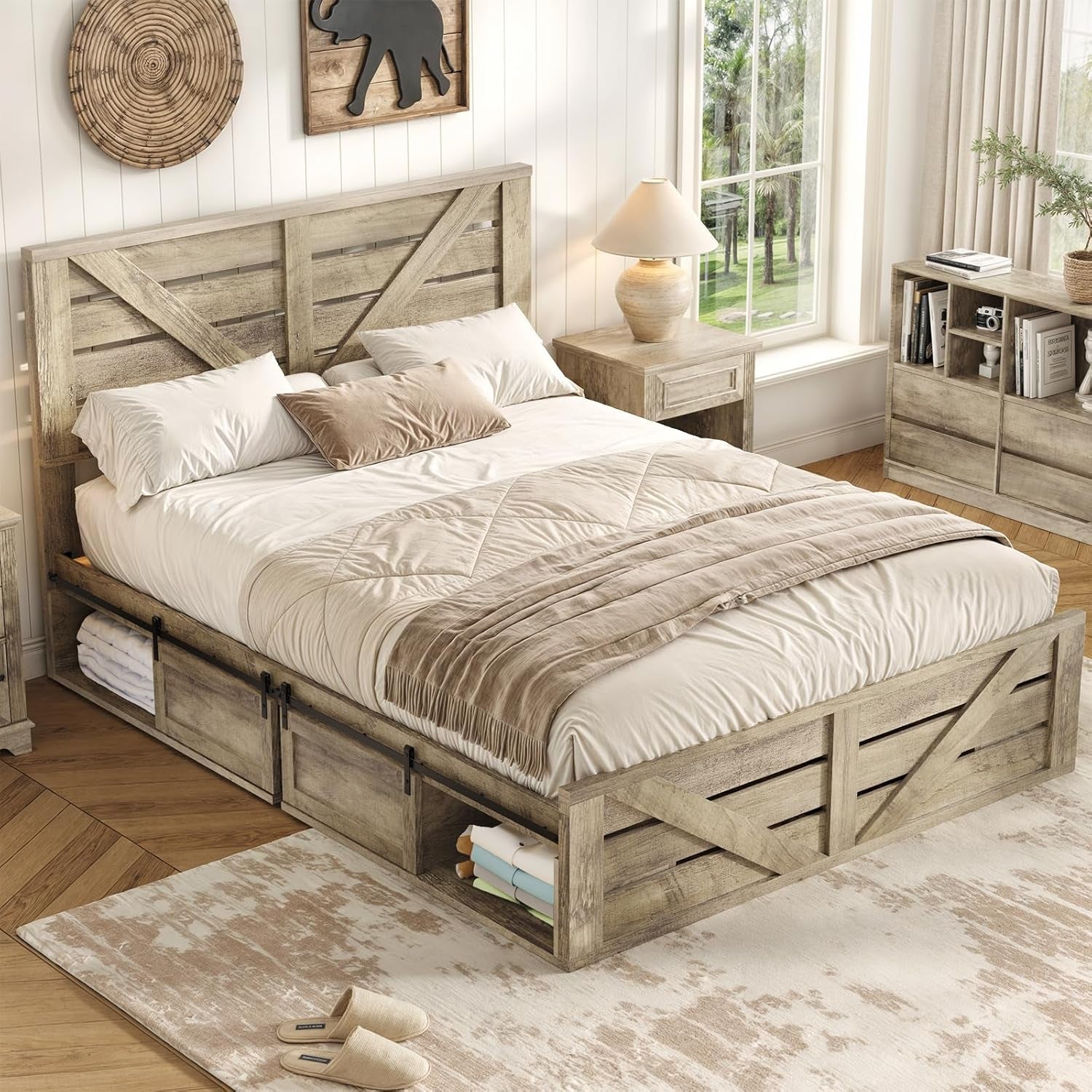 Farmhouse Full Size Wood Bed Frame with Sliding Barn Door Storage Cabinets, Rustic Platform Bed Frame with Adjustable Headboard, Sturdy Wood & Metal Frame, No Box Spring Needed, Noisy-Free