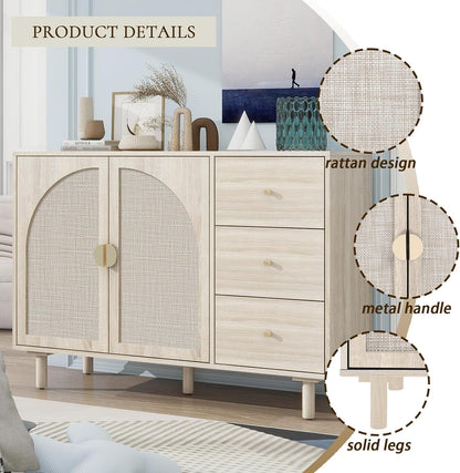 Beige Sideboard Buffet Cabinet, 2-Door and 3-Drawer Rattan Storage Cabinet, Coffee Bar with Adjustable Shelf, Accent Furniture for Living Room, Entryway, Home Office, Oak