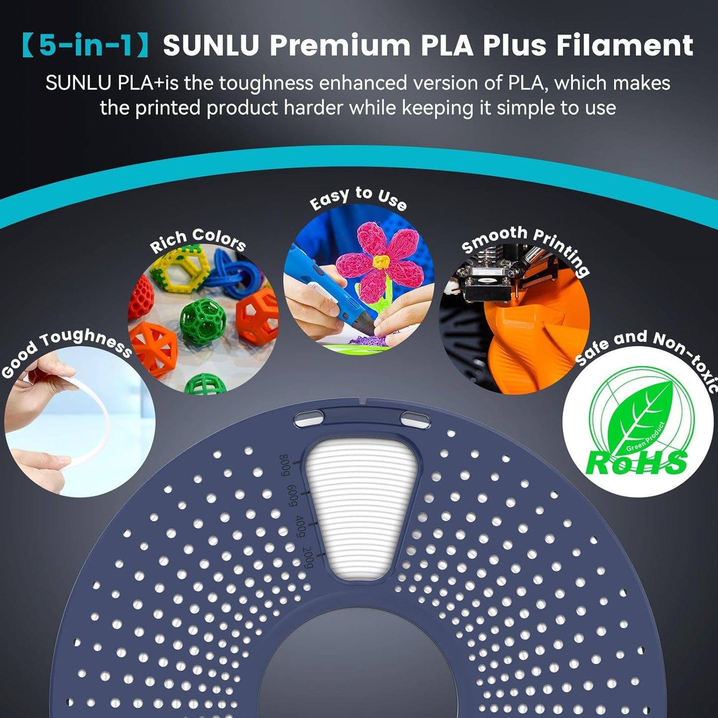 4KG 3D Printer Filament PLA plus 1.75Mm, Neatly Wound PLA Filament 1.75Mm PRO, PLA+ Filament for Most FDM 3D Printer, 1Kg Spool, 4 Packs, Black