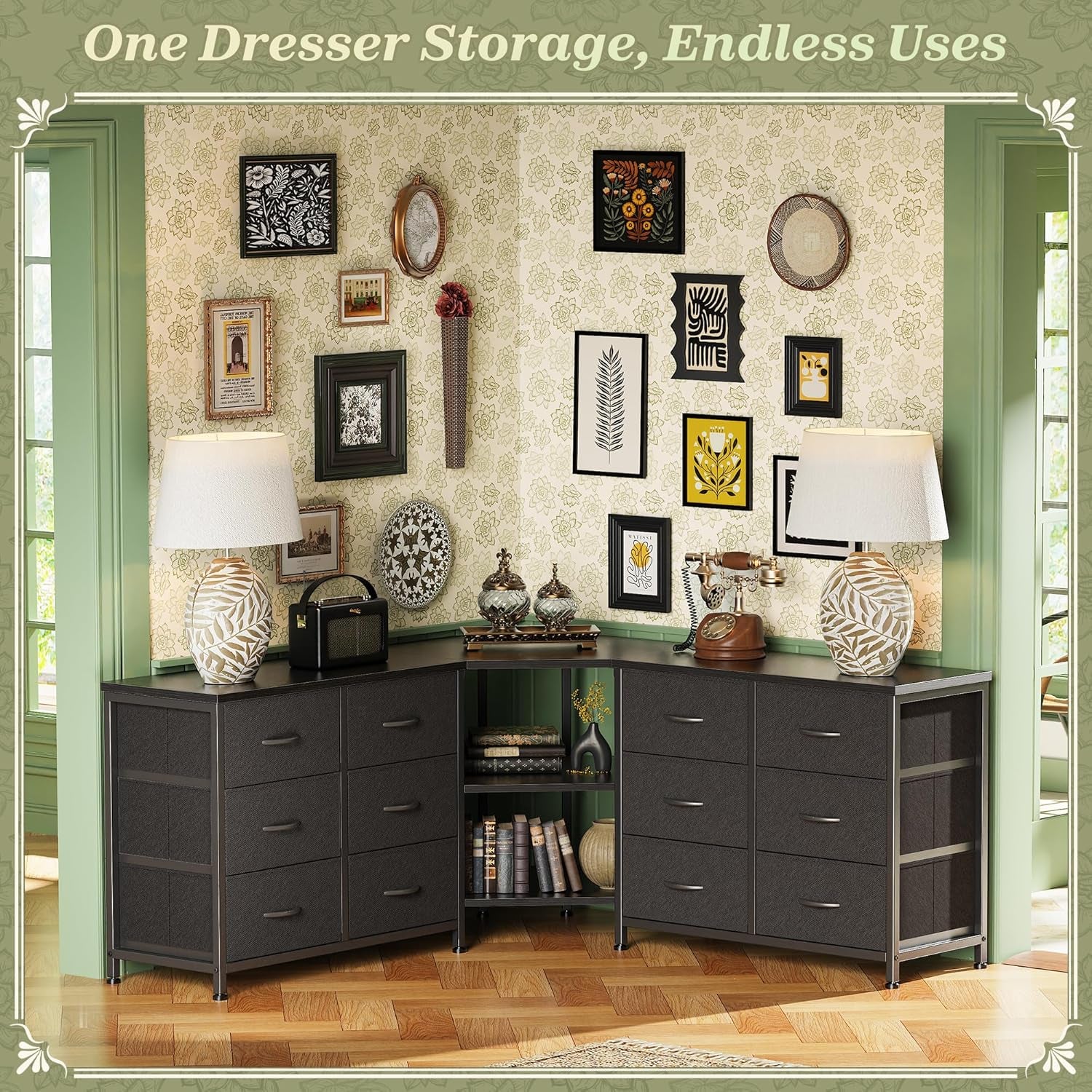 48 Inch Black Dresser for Bedroom, Corner TV Stand for 43, 55 Inch TV, L Shaped Chest of Drawer with Storage and Open Shelves, 12 Drawer Fabric Dresser for Closet, for Small Place
