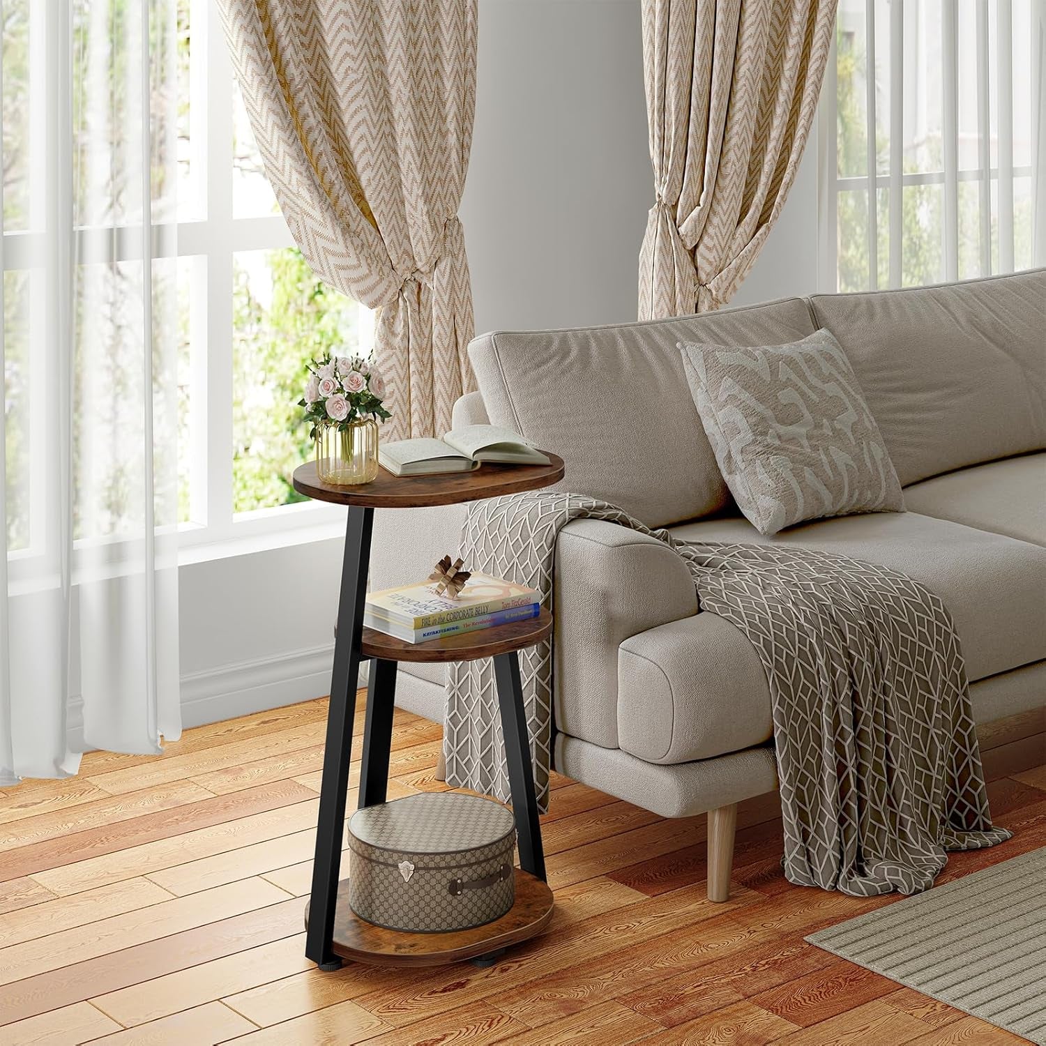 Side Table, Small End Table with Metal Frame, 3-Tier Bedside Tables, round Side Tables for Living Room Bedroom Couch Bathroom, Oval, Vintage Brown
