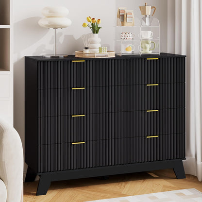 Fluted Dresser for Bedroom, 8 Drawer Dressers & Chest of Drawers, Mid Century Modern Dresser for Closet Boho Bedroom Furniture, Wooden Chests of Drawers Storage Organizer for Living Room, Black