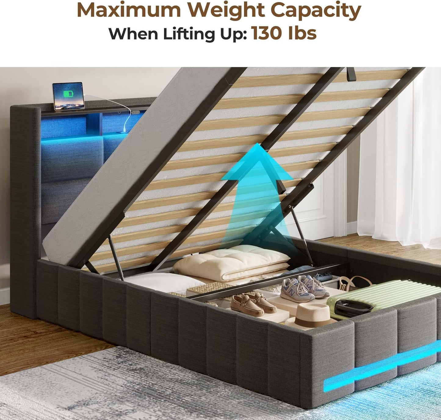 Bed Frame Twin Size with Lift up Storage, Charging Station & LED Lights, Upholstered Storage Headboard, Heavy Duty Wooden Slats, No Box Spring Needed, Noise Free, Easy Assembly, Dark Grey