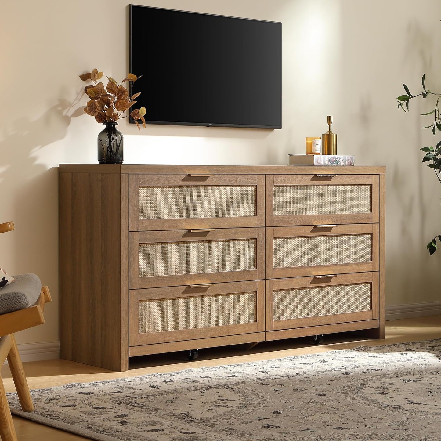 Rattan Dresser for Bedroom, 56.9" Wide 6 Drawer Dresser with Ample Storage, Dressers Large Chest of Drawers, Closet, Boho TV Stand for Bedroom (Reclaimed Caramel Oak, 1 Piece)