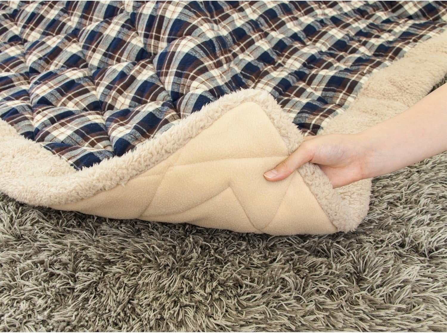 Kotatsu Futon Comforter Square Shape W75 X D75 Inches, Polyester Fabric Material, Home and Living, Navy Checked Design KK-103BL, This Order Comes Only Futon Comforter